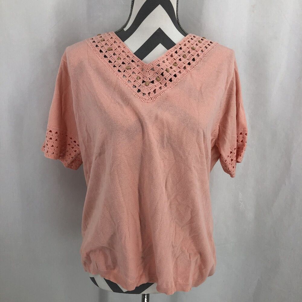 Vintage Maurada Short Sleeve Sweater Beaded Crochet Neck Lace 60867 1098 Large